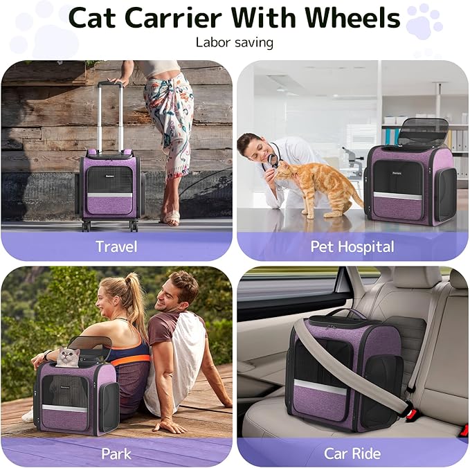 Rolling Cat Carrier with Wheels Dog Carrier for Small Dogs & Medium Cats, Expandable Pet Carrier on Wheels with Cat Play Tunnel, Large Capacity, Breathable Mesh, Side Pocket, Purple