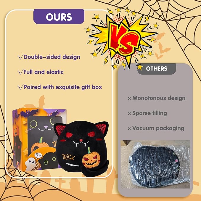 Black Cat Plush Birthday Gift - Two-Sided Stuffed Animal Toy, Funny 9.4" Soft Pumpkin Throw Pillow for Kids, Boys, Girls - 1 Piece