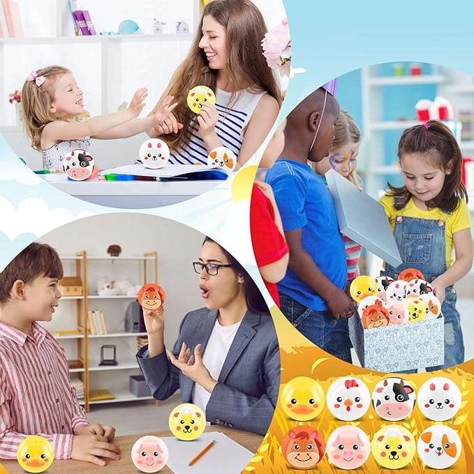HyDren 24 Pcs Animal Stress Balls Bulk 2'' Cute Farm Animal Party Favors Baby Shower Squeeze Ball Mini Foam Stress Fidget Toys with Bag for Kids Adults Christmas Birthday School Gift, 8 Styles