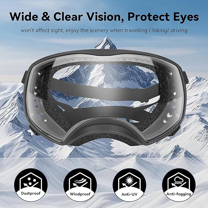 NAMSAN Clear Dog Goggles for Large Dogs, Wide Eyecup & Soft Frame, Anti-UV Sunglasses for Dogs Medium to Large Breed, Driving Dog Eye Protection, Windproof Dustproof, Adjustable, Black Frame