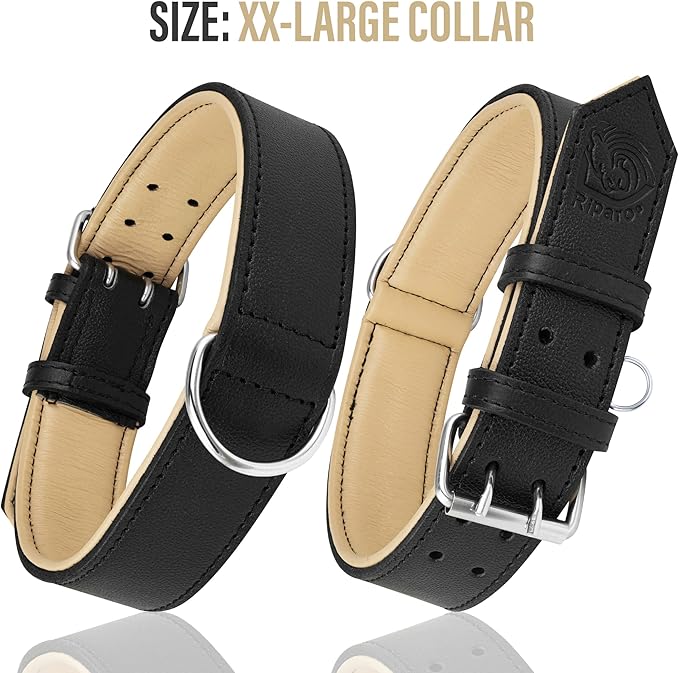 Riparo Adjustable Leather Dog Collar - Heavy Duty Wide Dog Collar for Small, Medium, Large and Extra Large Dogs with Dog Tag Holder (XL: 1.75" Wide for 21”-25” Neck, Black)