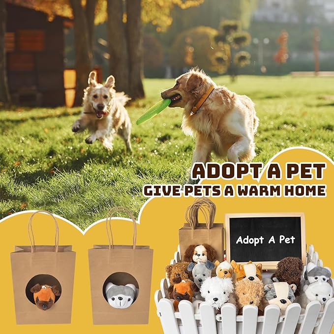 36Pcs Adopt A Puppy Party Favors, Mini Stuffed Animals Adopt A Dog Set Includes 12 Stuffed Dogs 12 Kraft Paper Bags 10 White Plastic Fence Mini Chalkboard & Chalk Marker for Adopt A Pet Party