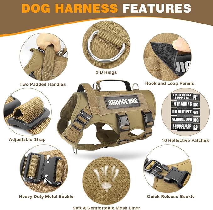 WINSEE Tactical Dog Harness with Dog Leash, Dog Collar, Service Working MOLLE Vest with 10 Pet Patches for Medium Dog, No Pull Military Harness and Backpack with Airtag Holdler