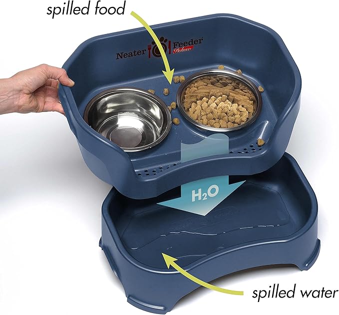 Neater Feeder Deluxe Mess Proof Cat Bowls Elevated for All Breeds – Made in USA – No Spill Raised Bowls for Indoor Cats – Stainless Steel Food and Water Bowl Set, Pet Dish Feeding Station, Dark Blue