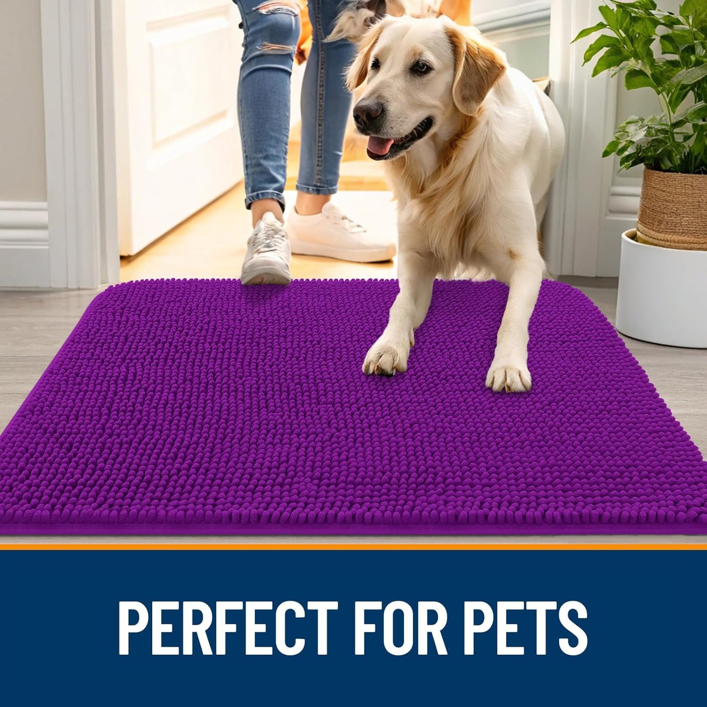 OLANLY Dog Door Mat for Muddy Paws 30x17, Absorbs Moisture and Dirt, Absorbent Non-Slip Washable Doormat, Quick Dry Chenille Mud Mat for Dogs, Entry Indoor Entryway Carpet for Inside Floor, Purple