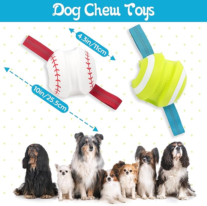 Dog Balls with Straps for Tugging 2 Pcs, Interactive Dog Toys, Puppy Toys to Keep Them Busy, High Bouncy Balls for Dogs, Tennis Ball Base Ball Toys