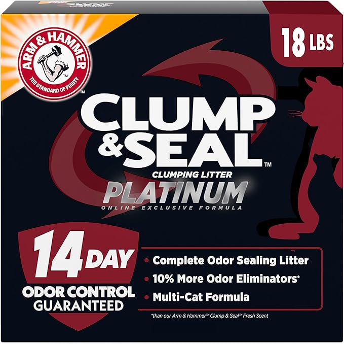 ARM & HAMMER Clump & Seal Platinum Cat Litter, Multi-Cat, 14-Day Odor Control, Rock-Hard Clumps, 18 lbs – Powerful Odor Eliminator with Baking Soda