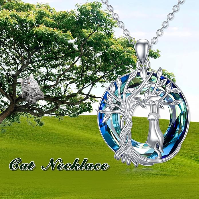 TOUPOP Cat Gifts for Cat Lovers Sterling Silver Cute Cat Tree of Life Pendant Necklace with Blue Circle Crystal Birthday Christmas Jewelry Gifts for Women
