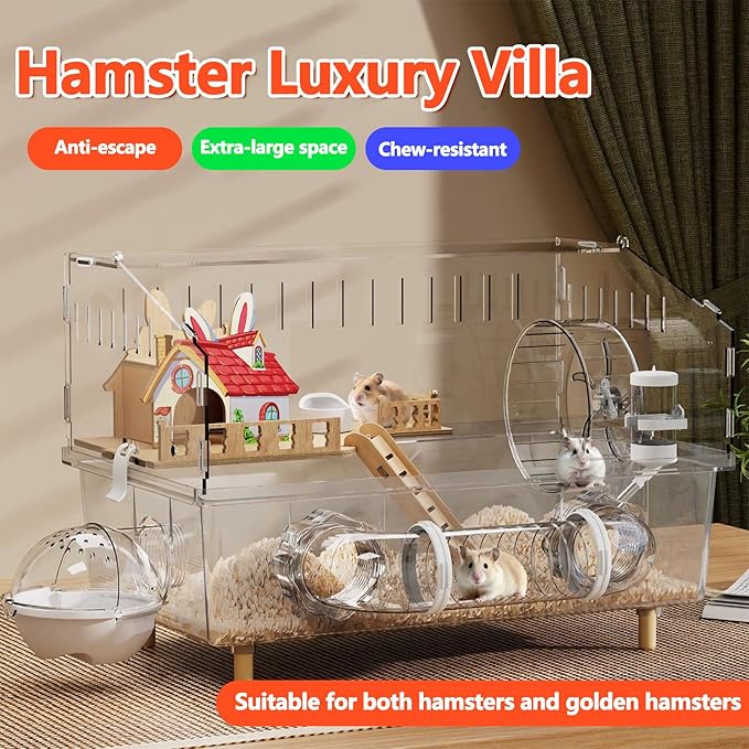 Large Hamster Cage 17x11x13 Inch Acrylic Habitat - Multi-Level Enclosure for Dwarf/Syrian Hamsters, Mice & Gerbils (Ventilated Design & Removable Base) (Red Villa, 17x11x13)