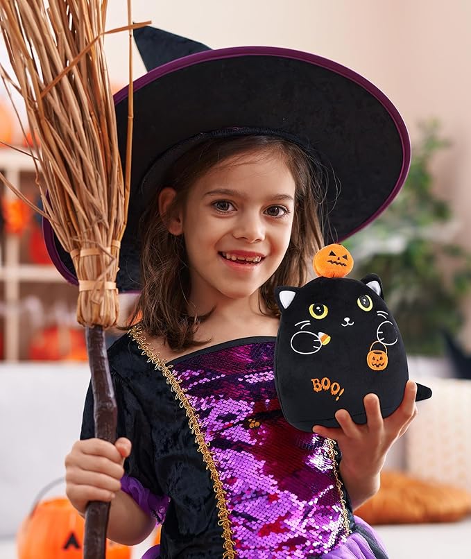 Christmas Eve Stuffed Cat Pumpkin Black Cat Plush Toy with Pumpkin, Cute Halloween Decor, Kids' Pillow, Gifts for Girls Boys, 10 Inch