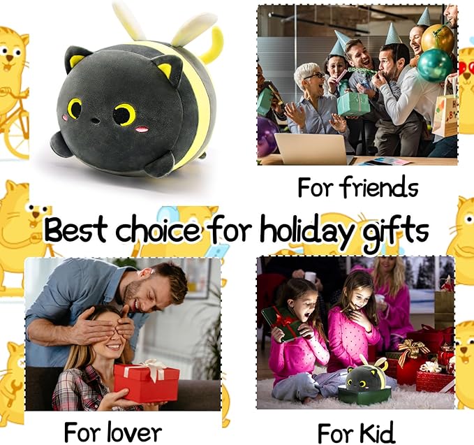 Bee Cat Plush Pillow, 8" Cute Cats Honeybee Stuffed Animals, Kawaii Cats Plushie, Soft Stuffed Bees Cat Plush Hugging Doll Toy for Kids Girls Boys Birthday Christmas