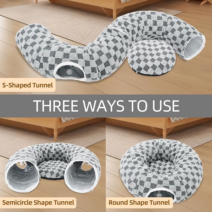 Homimp Cat Tunnel Bed with Central Mat, Large Tube Playground with Plush Ball Toy, Peekaboo Cat Cave with Washable Circle Cushion for Indoor Cats, Pop Up Bed HidePlace for Kitten Puppy Rabbit, Grey