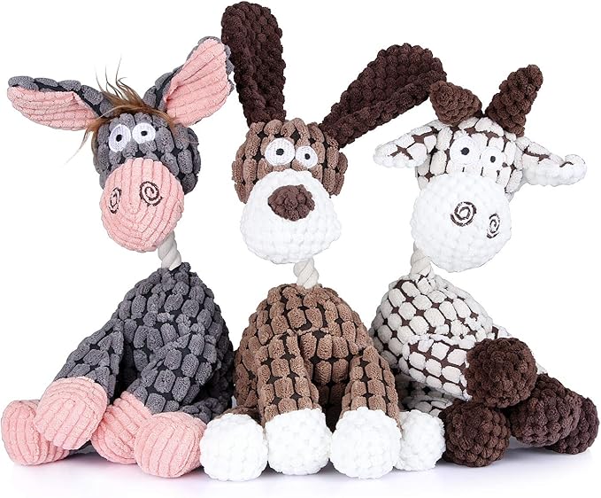 Squeaky Plush Dog Toys Pack for Puppy, 3 Pack Durable Stuffed Animal Plush Chew Toys with Squeakers, Cute Soft Dog Toys for Teeth Cleaning, for Small Medium Large Dogs