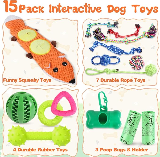 15 Pack Dog Toys, Dog Puzzle Toy Puppy Chew Toys for Teething, Dogs Essentials Toy Bundle with No Stuffing Squeaky Toy, Tough Ropes, Treat Ball for Small, Medium Large Dogs to Keep Them Busy