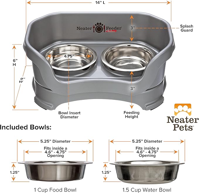 Neater Feeder Deluxe Mess Proof Cat Bowls Elevated for All Breeds – Made in USA – No Spill Raised Bowls for Indoor Cats – Stainless Steel Food and Water Bowl Set, Pet Dish Feeding Station, Grey