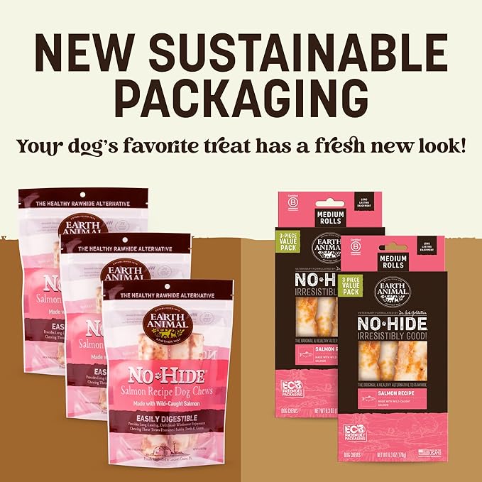 Earth Animal No Hide Medium Salmon Flavored Natural Rawhide Free Dog Chews Long Lasting Chew Sticks | Treats for Large Dogs | Great for Aggressive Chewers - 6 Count