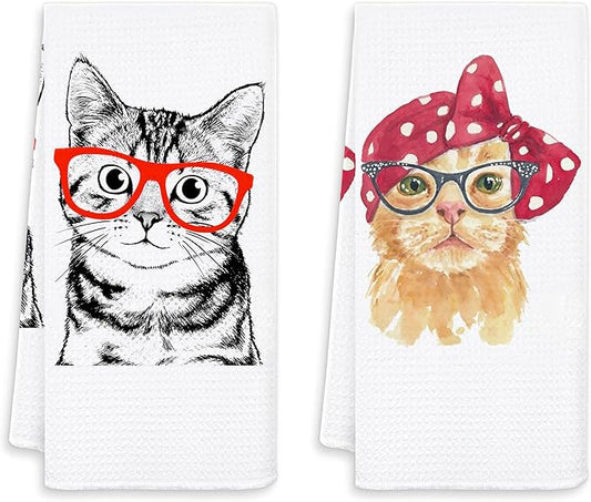 Cat Kitchen Towels Set of 2, Cat Lovers Mom Owners Gifts for Women Hand Towels for Bathroom Decor, Funny Kitty Decorative Dish Tea Towels for Kitchen Decor, 16x24 Inches
