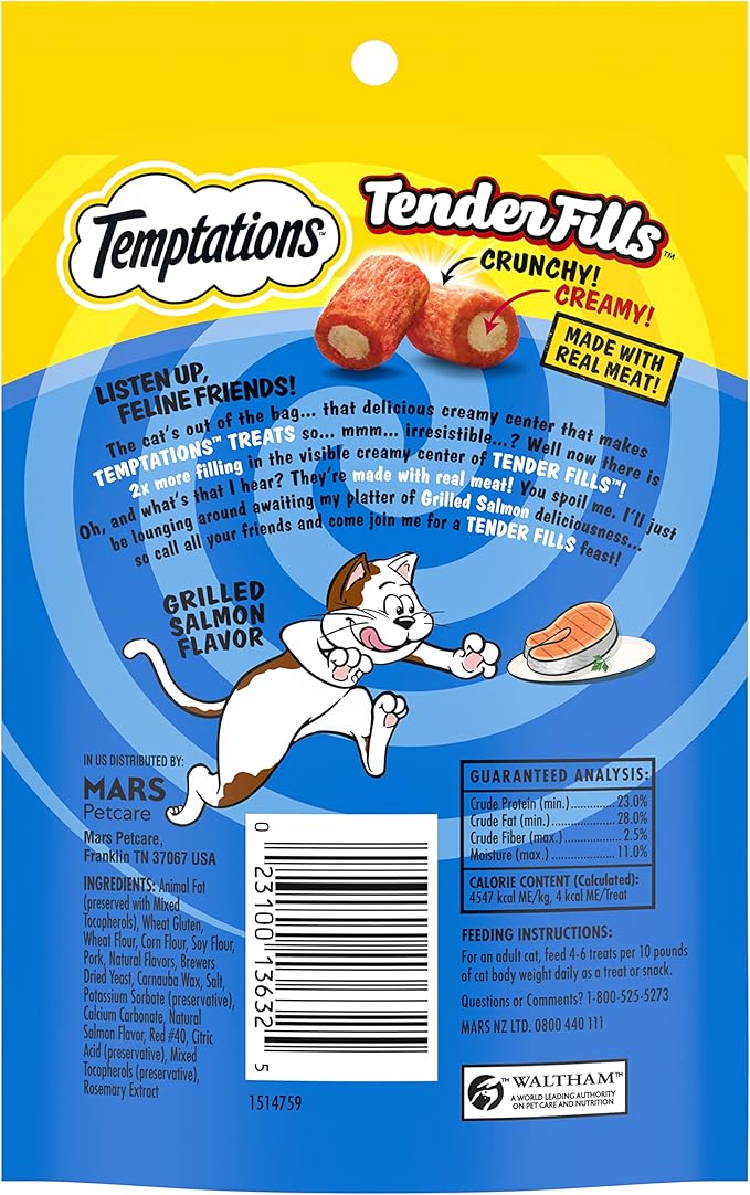Temptations Tender Fills Crunchy and Soft Adult Cat Treats, Grilled Salmon Flavor, 2.1 oz. Pouch (Pack of 12)