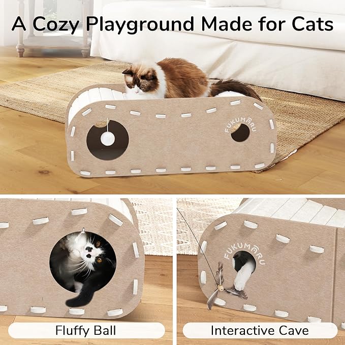 FUKUMARU Cat Beds for Indoor Pets, 31.5 Inches Extra-Large Cat Cave for Multi-Pet, Cozy House with Fluffy Ball Hanging, Scratch Resistant Felt Kitten Hideaway Bed, Feline Tunnel, Beige