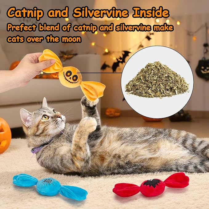 Retro Shaw Cat Toys Sweet Treats,3PCS Candy Catnip Toys with Crinkle Sound Inside,Trick or Treat for Halloween Kitten Toys,Interactive Indoor Kitty Kicker for All Breeds