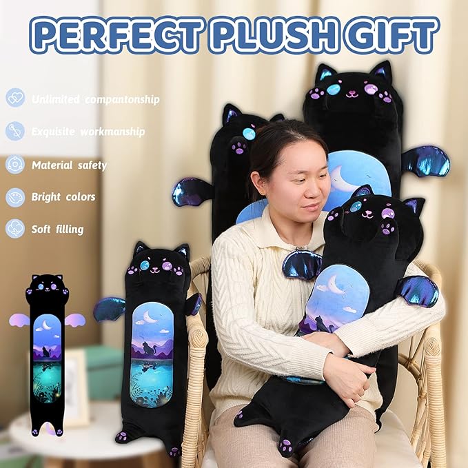 AIXINI Long Cat Plush Pillow Cartoon Cute Black Cat Stuffed Animals, Soft Kawaii Kitten Plushies Pillow Toy for Kids (Moonlight Black,19.7inch)