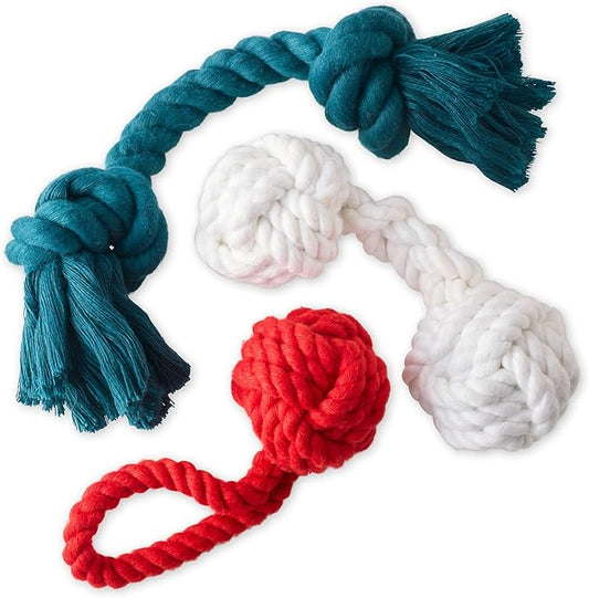 3-Pack Organic Cotton Dog Rope Pull Toys for All Pet Breeds, Holiday, One Size