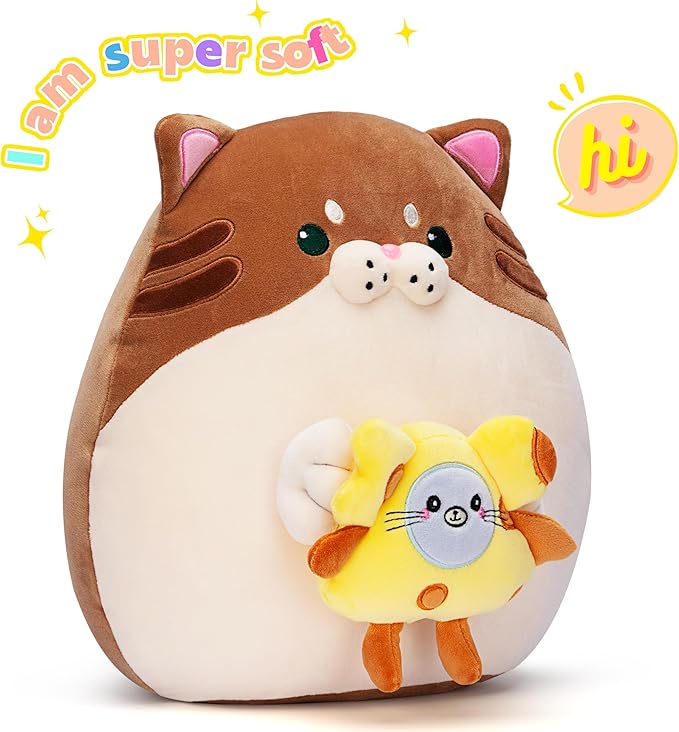 Original 12-inch Large Cat Plush Pillow Stuffed Animal Toy,Big Size Cute Soft Fat Hugging Cuddle Huggable Plushie,Gift for Kids