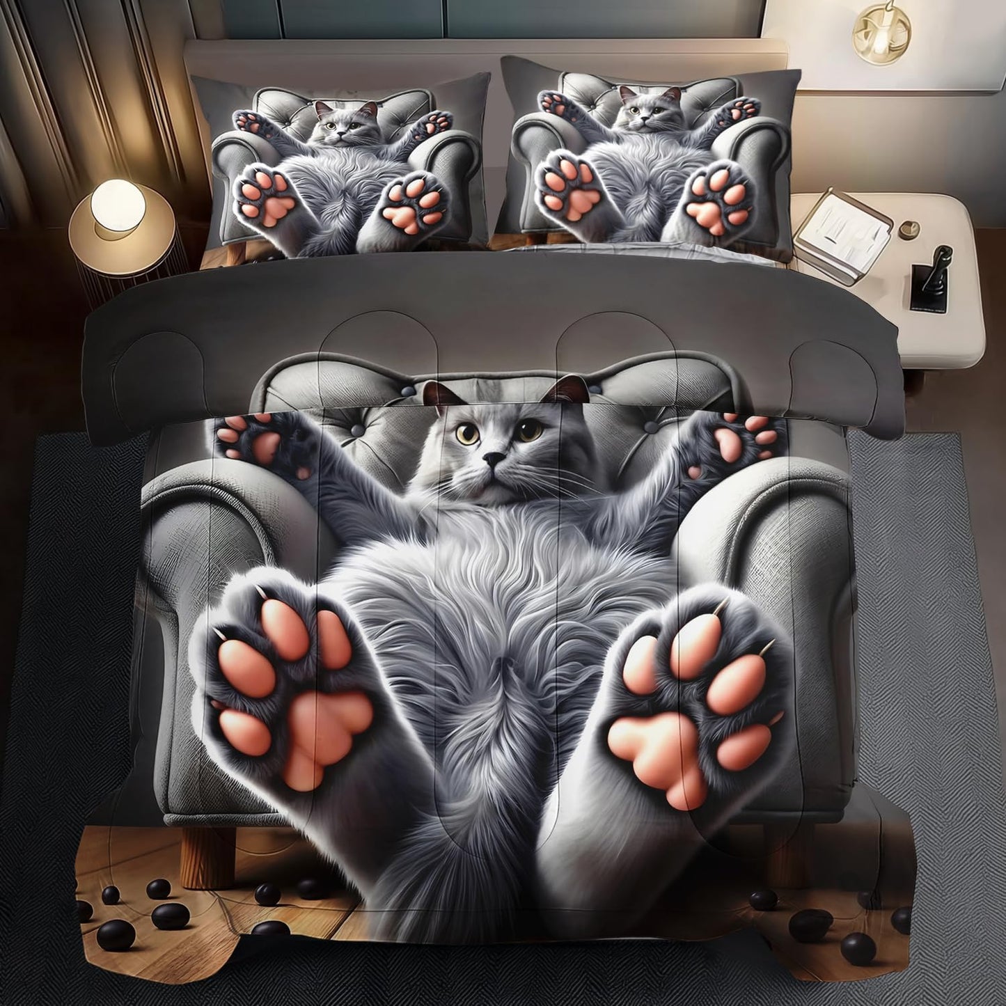 Cute Cat Comforter Set Queen,Grey Kawaii Cat Bedding Set Adult,Cute Animal Comforter for Boy,American Shorthair Bedding Grey,Kawaii Animal Print Quilt Bedroom Decor Kids