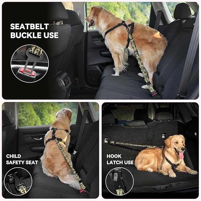 Pawaboo 2Pack Dog Seatbelt for Car, Dog Car Seat Belt Bungee, Dogs Tether with Buckle & Hook Latch, Adjustable Reflective Dogs Cars Harness Leash with 360° Lockable Buckle, Army Green Camouflage
