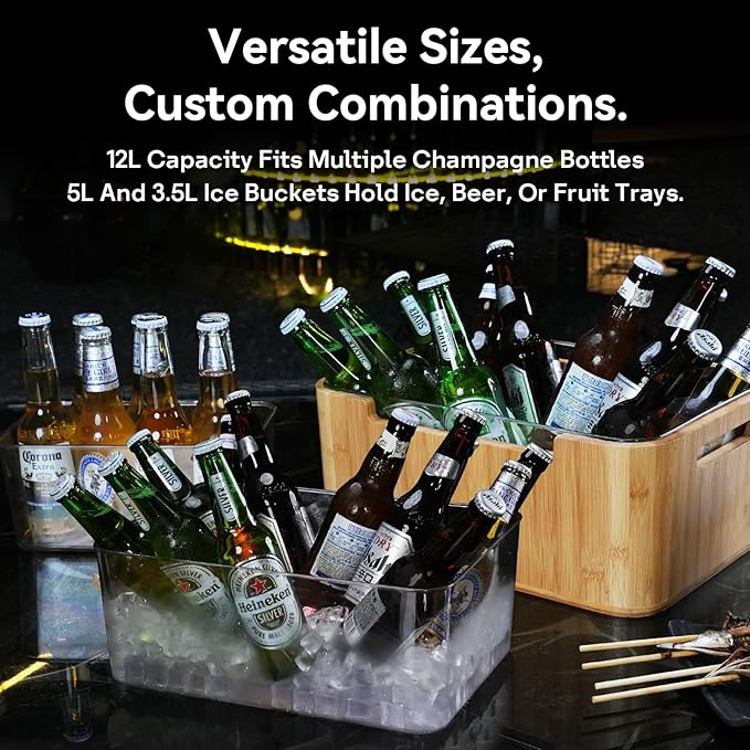 Ice Bucket Kit, 12L Capacity, Double-Layer Insulated, Keeps Ice Cold for Long Time, Includes 5L, 3.5L PET Ice Buckets, Ice Scoop, and 3 awesome colorful lights, Perfect for Parties