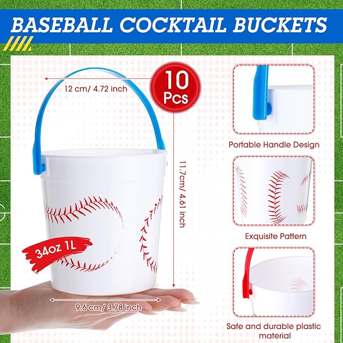 Mifoci Baseball Small Plastic Bucket with Handles 34 oz Versatile Baseball Treat Bucket Baseball Ice Bucket Bulk for Wine Beverage Baseball Party Bar Alcohol Beer Snack Drink Pail Gifts(10 Pcs)