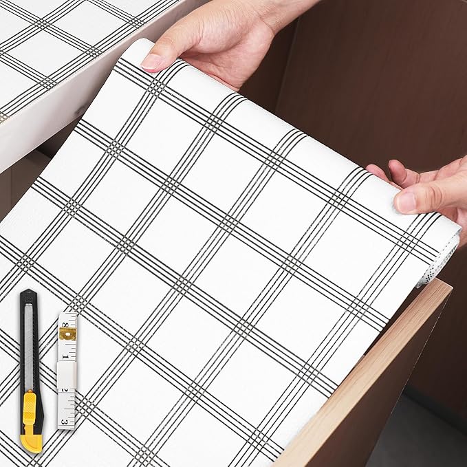 Shelf Liner,Drawer Liner for Kitchen Cabinet,12 in x 10 FT Cabinet Liners Non-Adhesive Non-Slip Contact Paper Waterproof Kitchen Liner Protect Desks, Cupboard with Knife and Tape Measure