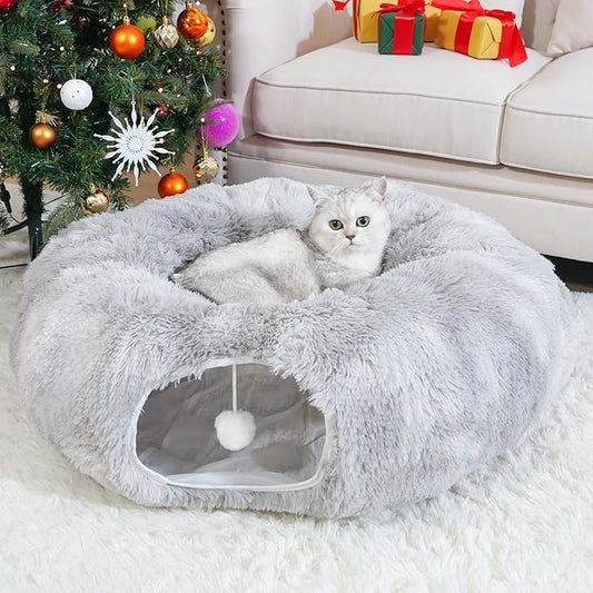 Cat Tunnels for Indoor Cats, Cat Tunnel Bed with Washable Cushion, Collapsible Cat Donut Tunnel for Medium & Large Cat, Peekaboo Cave Toy, Tie-dye Gray