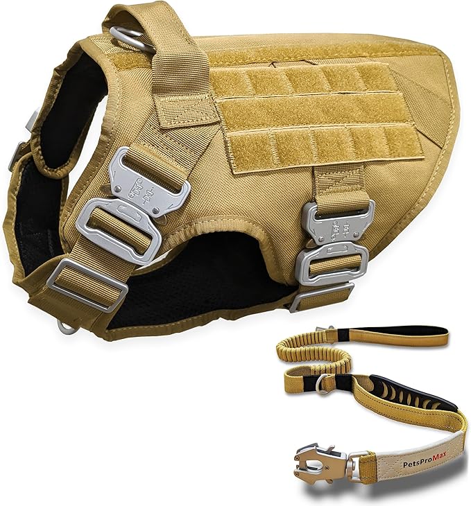 Tactical Dog Harness with Tactical Dog Leash (2 in 1 Bundle); Military Style Tactical Dog Vest Harnesses Metal Buckle and Bungee Dog Leash with Car Seat Buckle - Brown (XL)