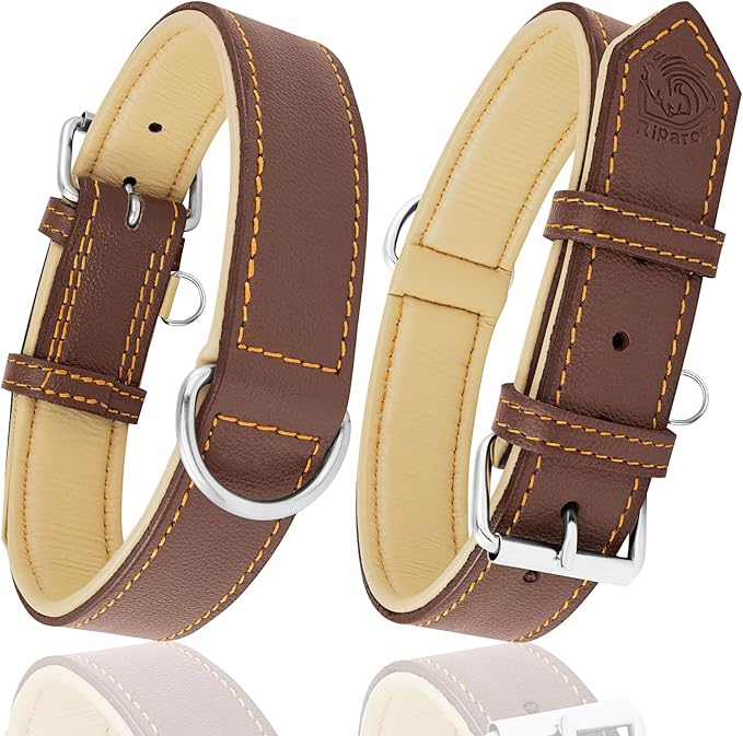 Riparo Dog Collars for Medium Dogs, Genuine Leather Dog Collar, Medium Dog Collar (M: 1" Wide for 13.5”-17.5” Neck, Brown)