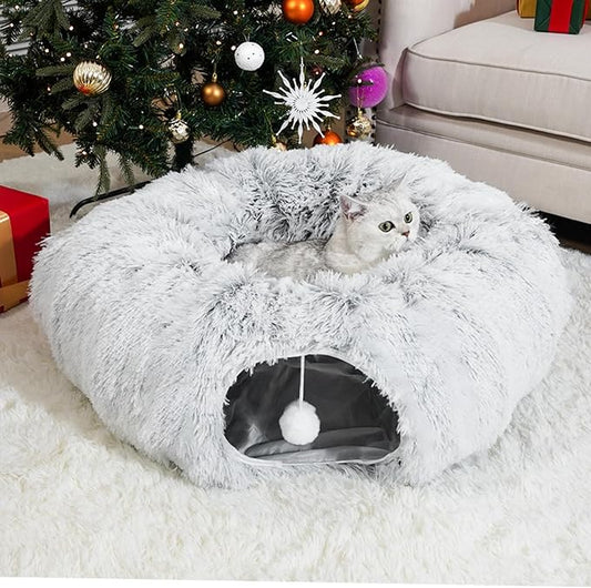 Cat Tunnel Bed for Indoor Cats, Under Christmas Tree Skirt, Donut Tunnel Toys for Multiple & Large Cats, Bed Cave Hideaway for Kitten, Rabbit, Puppy, Gray