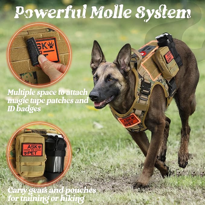 rabbitgoo Tactical Dog Harness for Large, Heavy Duty Pet Harness with Handle, No-Pull Service Vest Large Breed, Adjustable Military Dog Vest for Training Hunting Walking, Brown Camo, XL