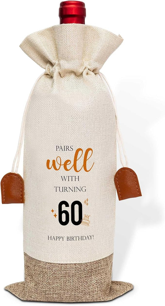 60th Birthday Wine Bag, Cotton Linen Wine Gift Bag With Drawstring, Wine Champagne Bottle Gift Bag, 60 Years Old Birthday Gifts for Woman Her Friend Sister, 60th Birthday Party Favors-29