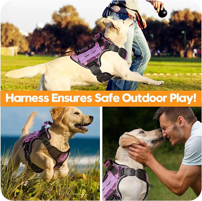 Heavy-Duty Tactical Dog Harness for Large Dogs, No Pull Adjustable Reflective Pet Vest with Molle System, K9 Military-Grade Control for Service Training, Outdoor & 10+ Breeds, Purple Camo, Small