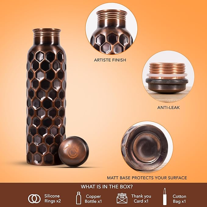 34 Oz Extra Large Honeycomb 100% Pure Copper Water Bottle For Drinking | Leak Proof Design And Carrying Pouch | Drink More With Healthy Benefits Immediately