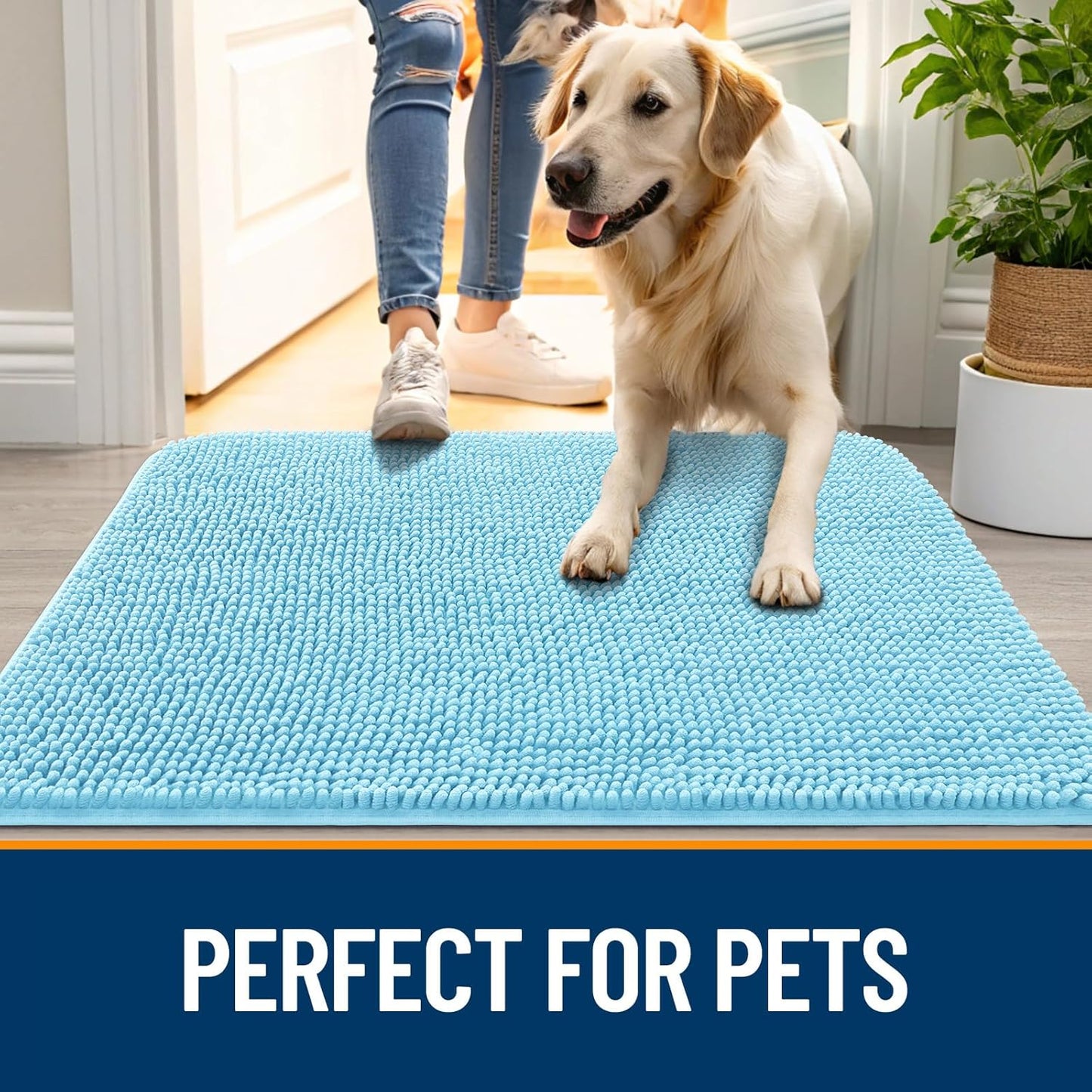 OLANLY Dog Door Mat for Muddy Paws 30x20, Absorbs Moisture and Dirt, Absorbent Non-Slip Washable Doormat, Quick Dry Chenille Mud Mat for Dogs, Entry Indoor Entryway Carpet for Inside Floor, Blue