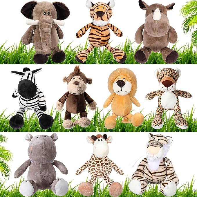 HyDren 10 Pcs Safari Stuffed Animals Plush Jungle Animal Toys for Girls Boys, Elephant Giraffe Lion Tiger Monkey Rhinoceros Zebra White Tiger Leopard Hippo for School Achievement Award