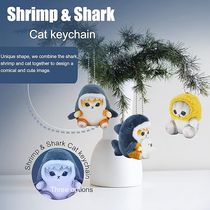 Kawaii Shark Cat Plush Toy Stuffed Animal Doll, Soft Pillow for Boys & Girls (Fried Shrimp Cat, 13cm/5.1in)