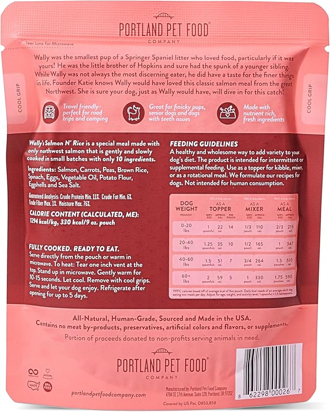 Portland Pet Food Company Wally's Salmon N' Rice Fresh Dog Food Pouches - Human-Grade, Gluten-Free Wet Pet Meal Topper & Mixers - Small & Large Breed Puppy & Senior Dogs - Made in The USA - 5 Pack