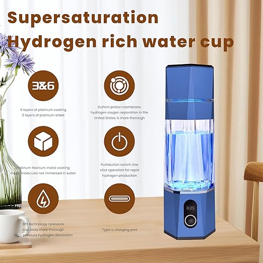 Hydrogen Alkalin Hydrogen Water Generator,Portable Rechargeable aquahealth Hydrogen Water Bottle with SPE/PEM Technology, Suitable for Home, Office, Travel, and Fitness Hydration.（Blue)