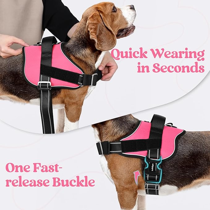 rabbitgoo Dog Harness Medium Sized, Easy On Pet Vest with One Buckle, No Pull Adjustable Service Harness with D-Ring & Handle, Reflective for Safety Walking, Training, Pink, M