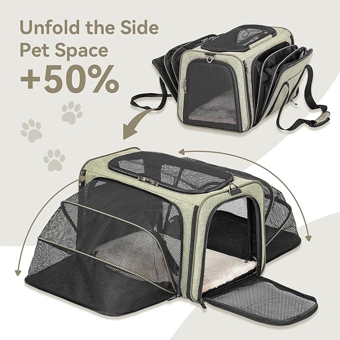 Petsfit Expandable Cat Carrier Dog Carrier, Soft-Sided Portable Pet Travel Carrier, Removable Soft Plush mat and Pockets, Locking Safety Zippers, 19x12x12 Inches