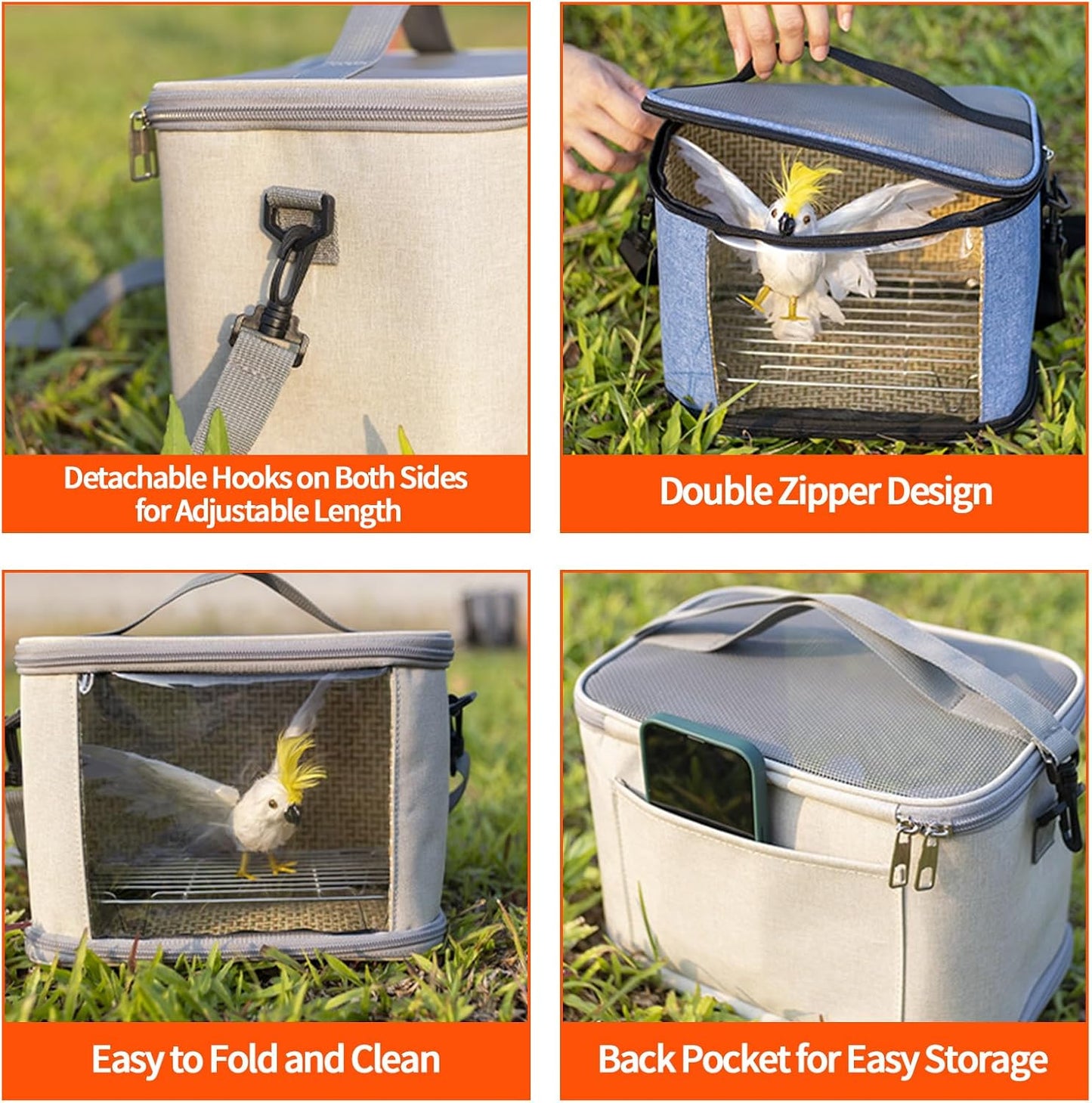 Bird Travel Carrierm, Small Bird Travel Backpack Carrier Cage with Tray and Breathable Clear Window, for Parakeet Cockatiel Budgies, for Camping Hiking (Gray)