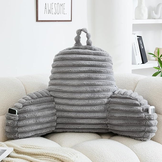 WERDIM Reading Pillow for Sitting in Bed, Faux Fur Back Pillow for Bed Rest, Bed Chair Pillow with Arms and Pockets(Standard, Grey)