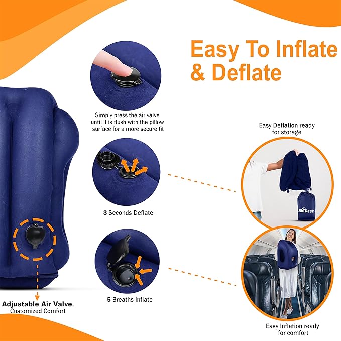 Inflatable Travel Pillow - Airplane Pillow for Neck Support on Long Flights, Buses, Cars, Office & Trains - Comes with Eye Mask, Earplugs & Portable Drawstring Bag -Blue